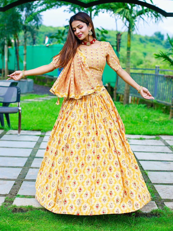 Mustard Color Foil Printed Chanderi Cotton Lehenga Choli Clothsvilla
