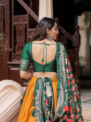 Mustard Color Printed With Foil Work Dola Silk Lehenga Choli ClothsVilla.com