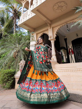 Mustard Color Printed With Foil Work Dola Silk Lehenga Choli ClothsVilla.com