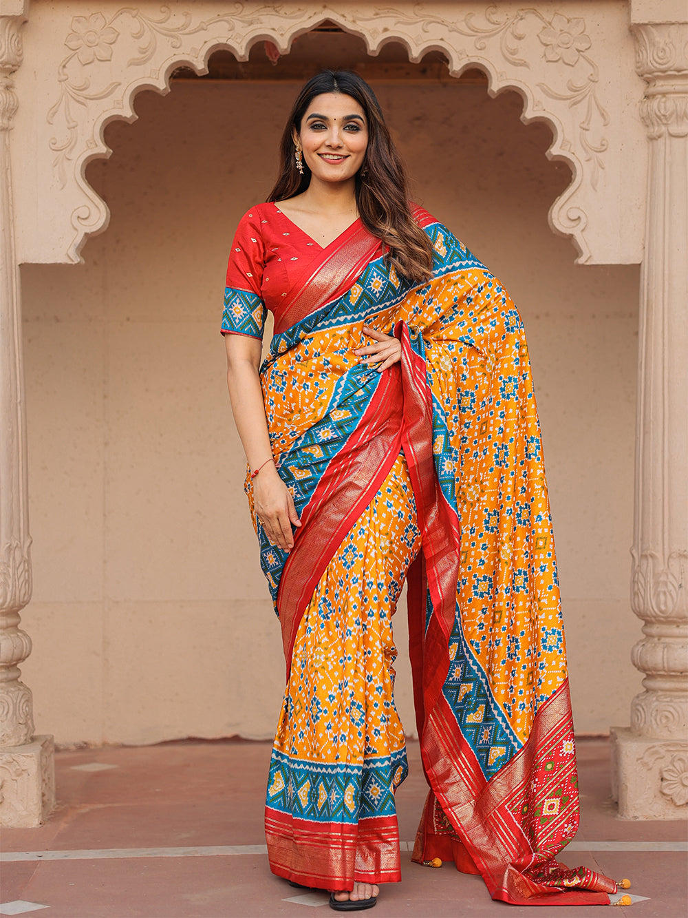 Mustard Color Patola with Foil Printed Dola Silk Saree Clothsvilla