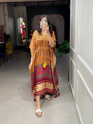 Mustard Color Patola Printed Gaji Silk Kaftan ClothsVilla.com