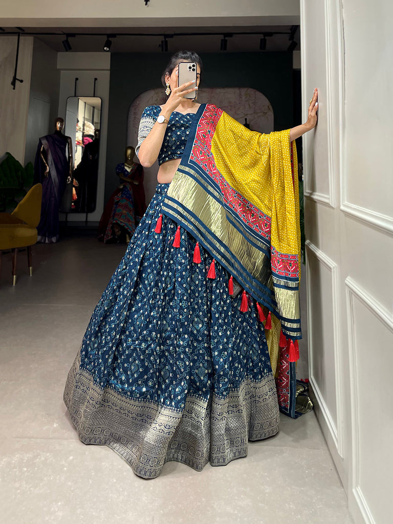 Navy Blue Color Printed With Zari Weaving Work Viscose Dola Silk Lehenga Choli Clothsvilla