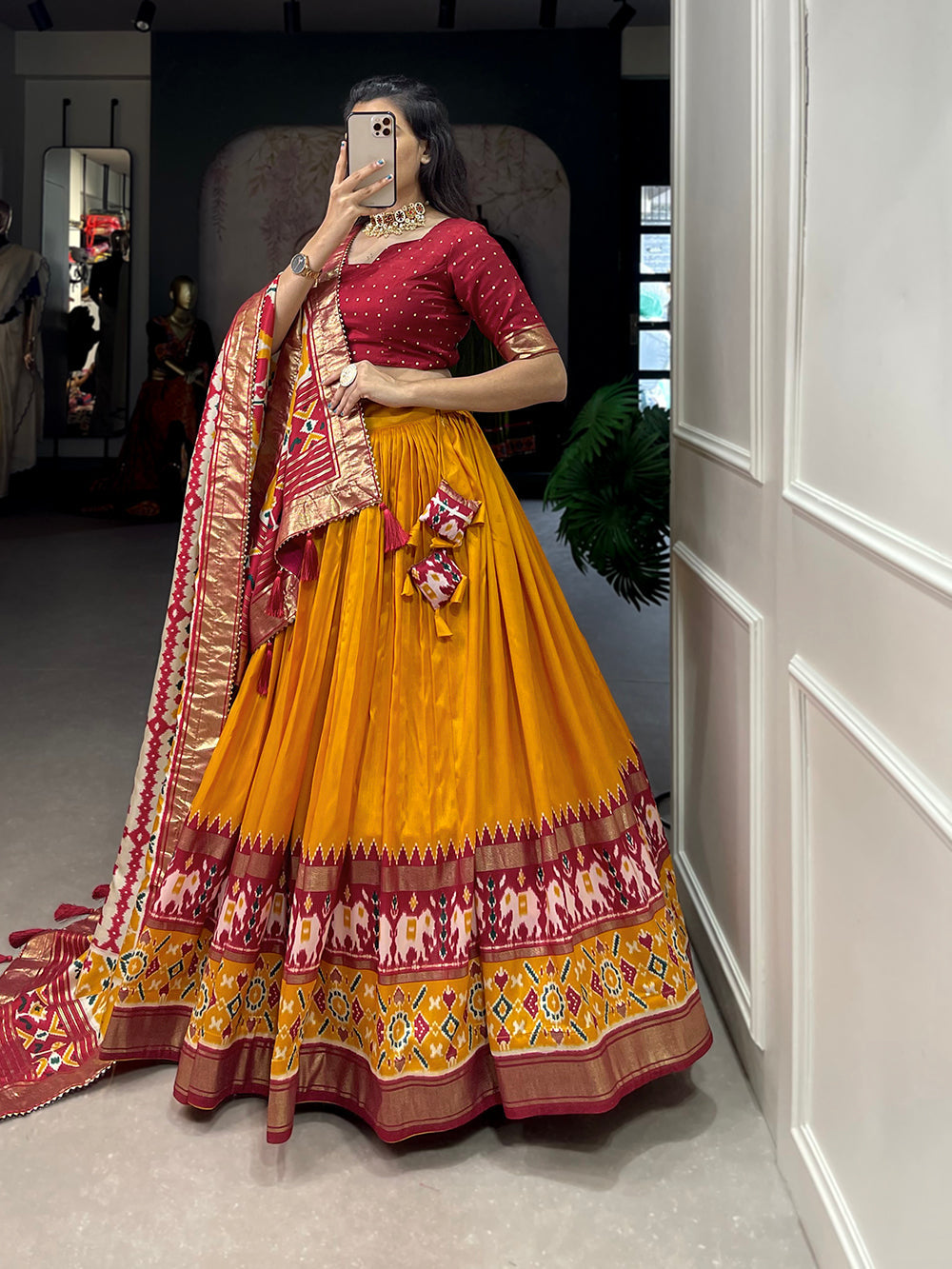 Mustard Color Patola Print With Foil Work Tussar Silk Lehenga Choli ClothsVilla