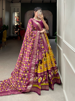 Mustard Color Patola Printed With Foil Work Tussar Silk Lehenga Choli ClothsVilla