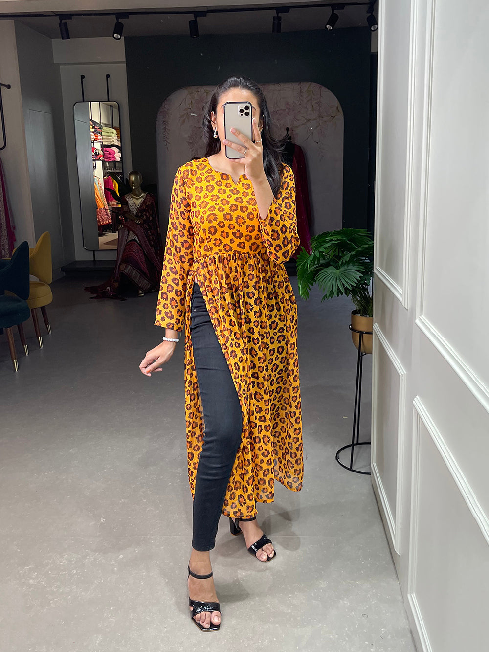 Mustard Color Animal Print Chiffon Kurti Clothsvilla