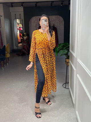 Mustard Color Animal Print Chiffon Kurti Clothsvilla