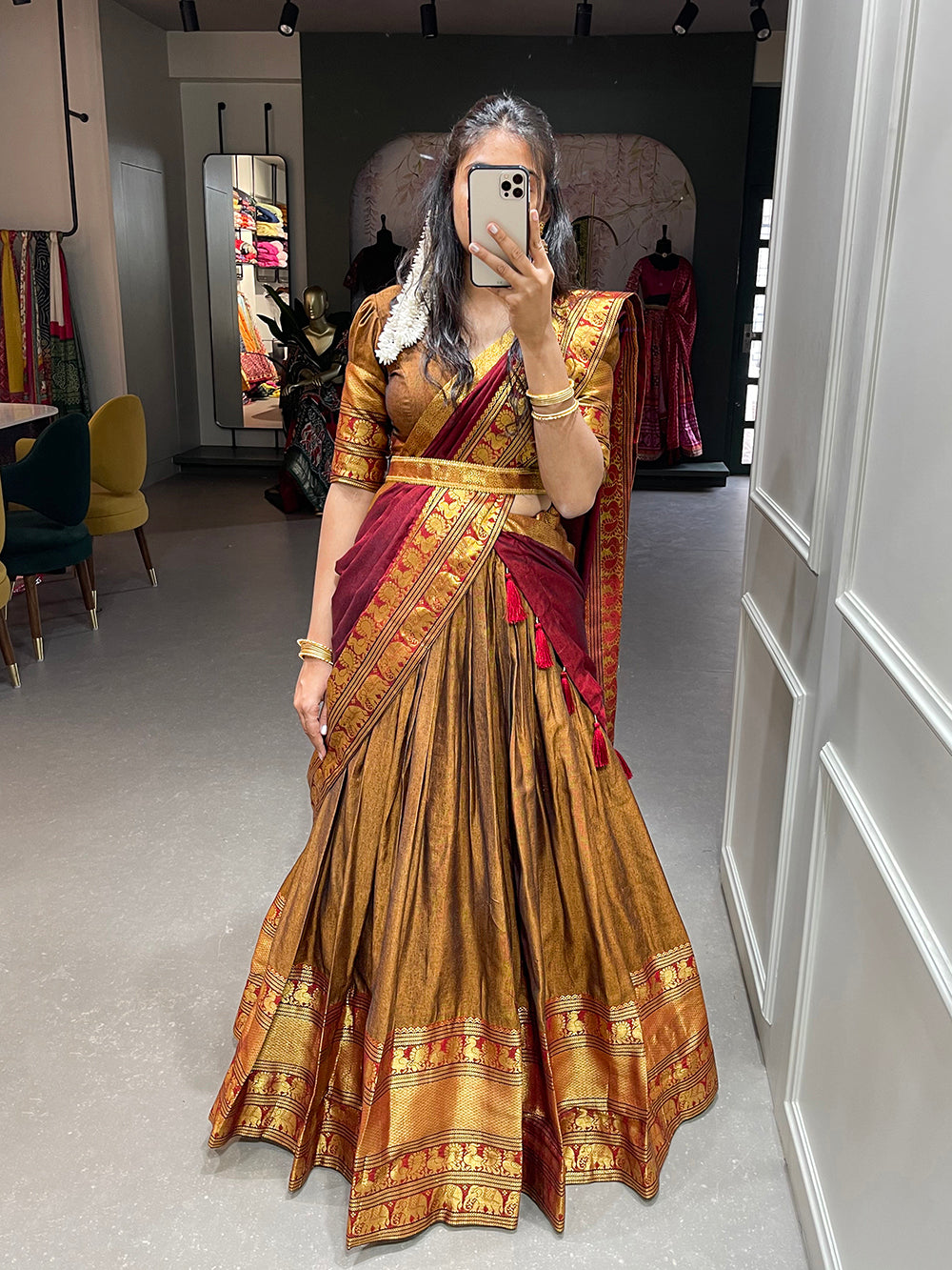 Mustard Color Zari Weaving Work Narayan Pet Cotton Haydrabadi Lehenga Choli Clothsvilla