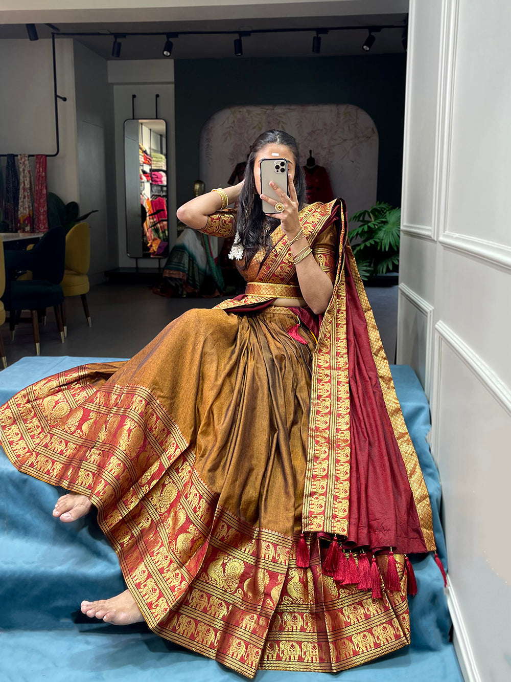 Mustard Color Zari Weaving Work Narayan Pet (Cotton) South Style Lehenga Choli ClothsVilla.com