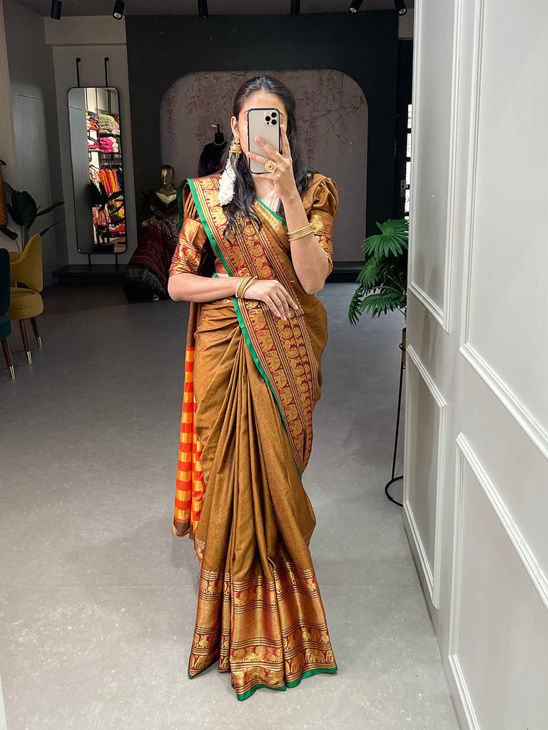Mustard Color Zari Weaving Work Narayan Pet Saree Clothsvilla