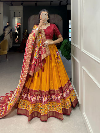Mustard Color Patola Print With Foil Work Tussar Silk Lehenga Choli ClothsVilla