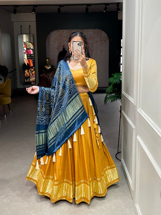 Mustard Color Dyeing With Lagdi Patta Gaji Silk Lehenga Choli ClothsVilla.com