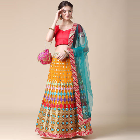 Mustard Partywear Embroidered & Mirror Work Heavy Soft Net Lehenga Clothsvilla Main image