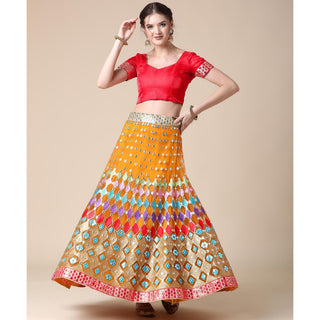 Mustard Partywear Embroidered & Mirror Work Heavy Soft Net Lehenga Clothsvilla