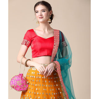 Mustard Partywear Embroidered & Mirror Work Heavy Soft Net Lehenga Clothsvilla