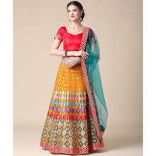 Load image into Gallery viewer, Mustard Partywear Embroidered &amp; Mirror Work Heavy Soft Net Lehenga Clothsvilla