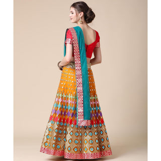 Mustard Partywear Embroidered & Mirror Work Heavy Soft Net Lehenga Clothsvilla