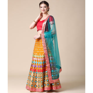 Mustard Partywear Embroidered & Mirror Work Heavy Soft Net Lehenga Clothsvilla