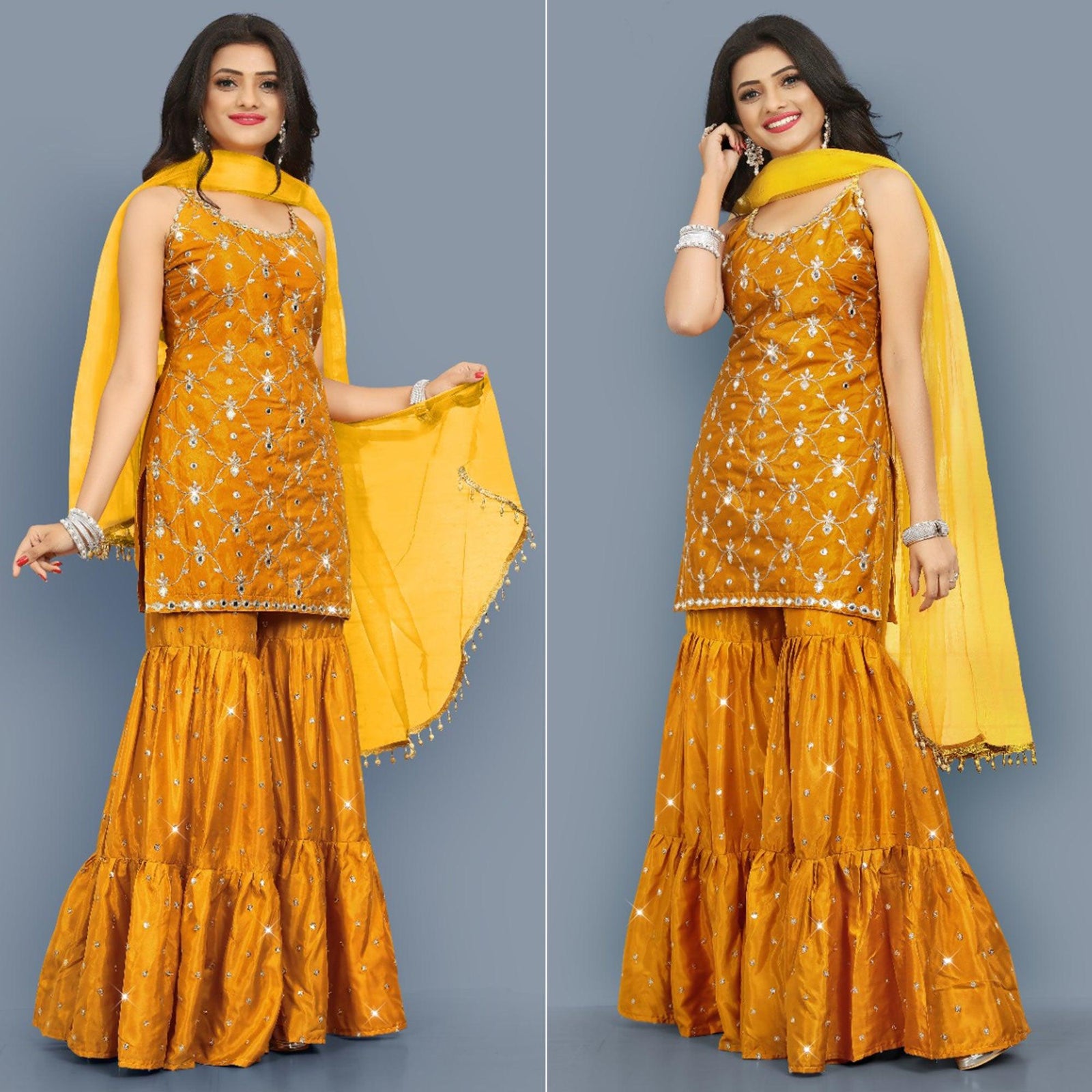 Mustard-Yellow Partywear Zari Embroidery With Mirror Silk Sharara Suit Clothsvilla