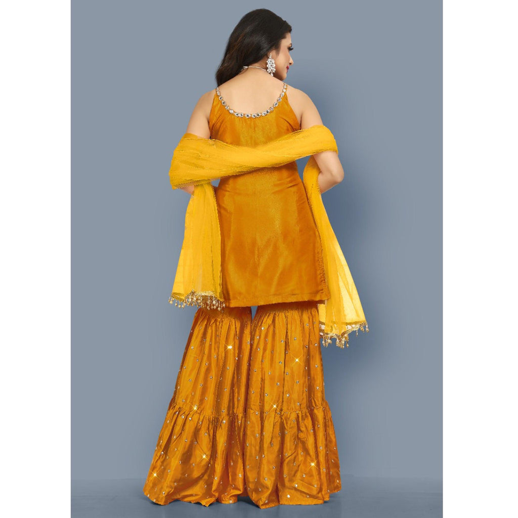 Mustard-Yellow Partywear Zari Embroidery With Mirror Silk Sharara Suit Clothsvilla