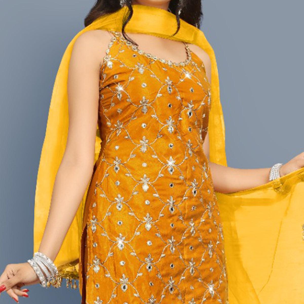 Mustard-Yellow Partywear Zari Embroidery With Mirror Silk Sharara Suit Clothsvilla