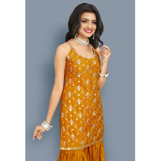 Mustard-Yellow Partywear Zari Embroidery With Mirror Silk Sharara Suit Clothsvilla