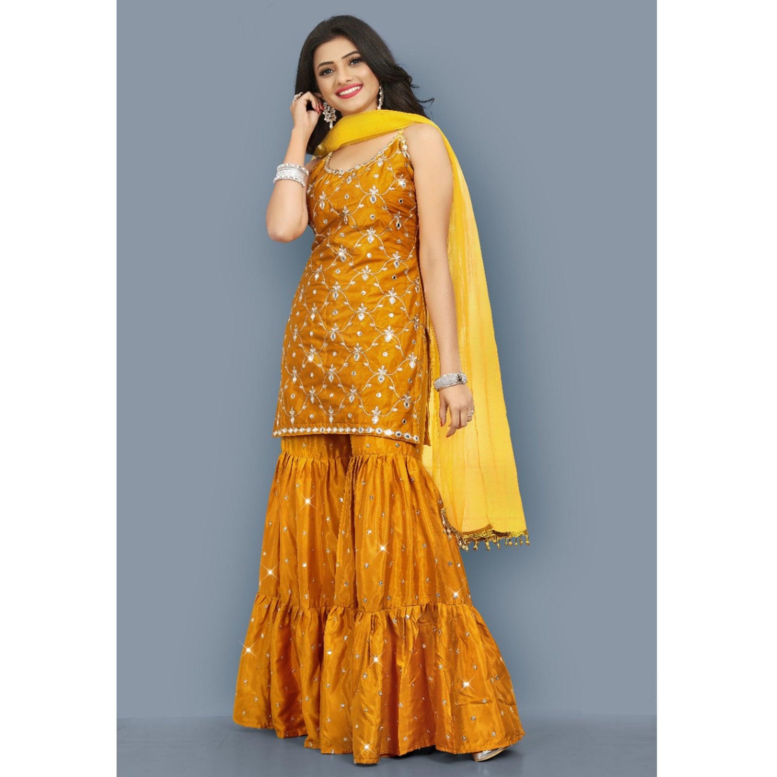 Mustard-Yellow Partywear Zari Embroidery With Mirror Silk Sharara Suit Clothsvilla
