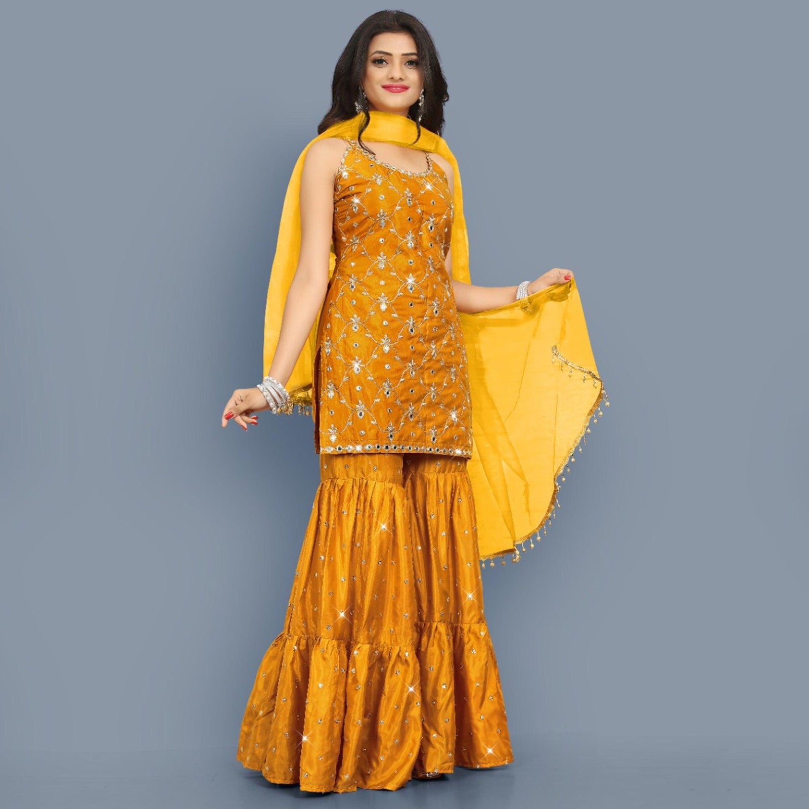 Mustard-Yellow Partywear Zari Embroidery With Mirror Silk Sharara Suit Clothsvilla
