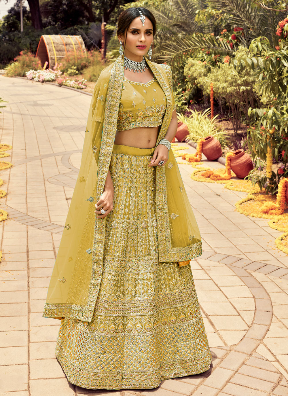 Resham Organza Lehenga Choli In Mustard Clothsvilla