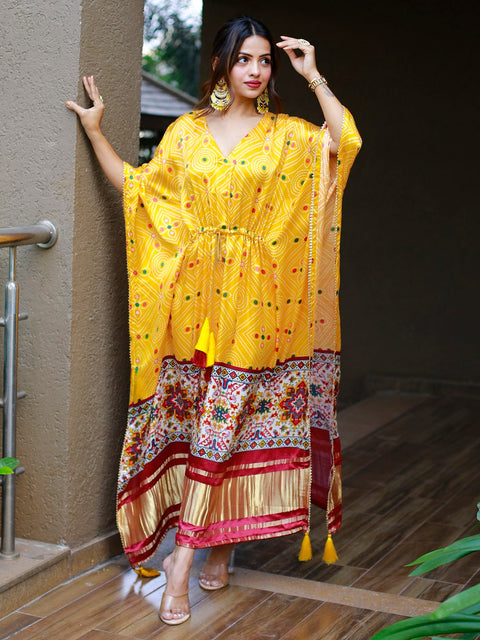 Mustered Color Digital Print Pure Gaji Silk Kaftan Clothsvilla Main image