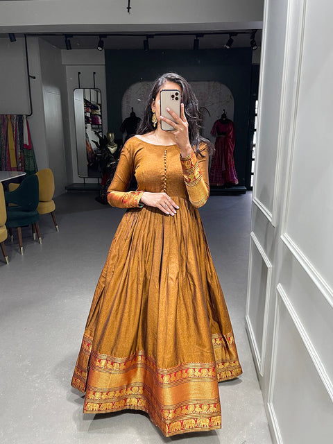 Mustard Color Zari Weaving Work Narayan Pet Cotton Gown Clothsvilla Main image