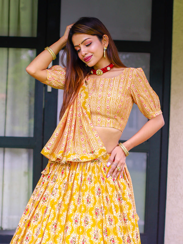 Mustard Color Foil Printed Chanderi Cotton Lehenga Choli Clothsvilla