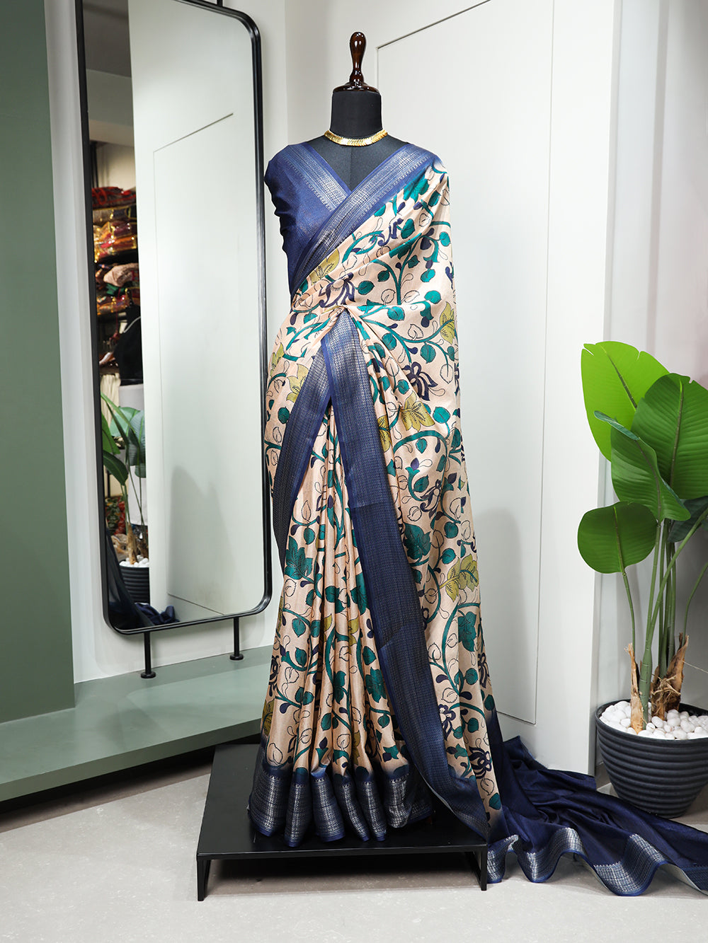 Navy Blue Color Printed With Zari Border Dola Silk Saree Clothsvilla