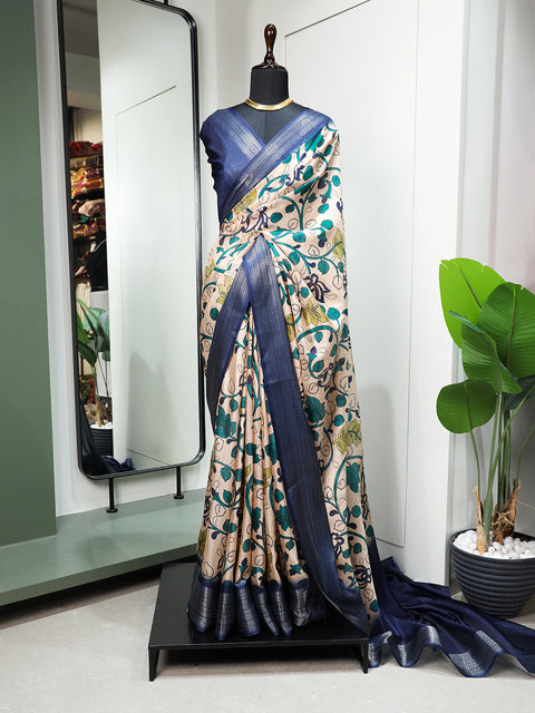 Navy Blue Color Printed With Zari Border Dola Silk Saree Clothsvilla Main image