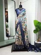 Load image into Gallery viewer, Navy Blue Color Printed With Zari Border Dola Silk Saree Clothsvilla