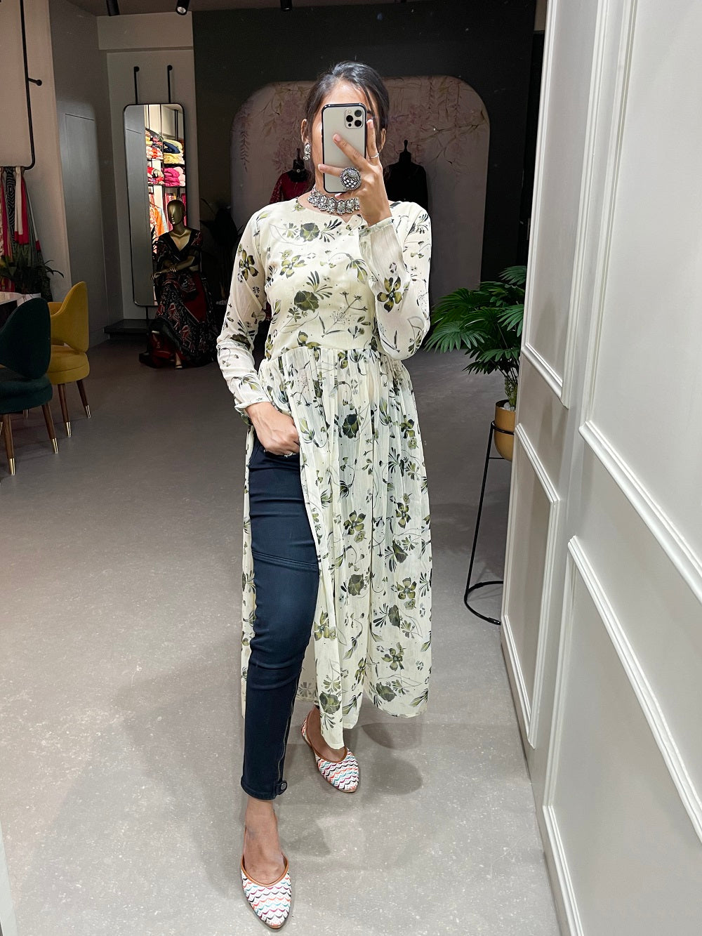 White Color Floral Printed Chiffon Naira Cut Kurti Clothsvilla