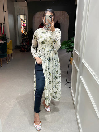 White Color Floral Printed Chiffon Naira Cut Kurti Clothsvilla