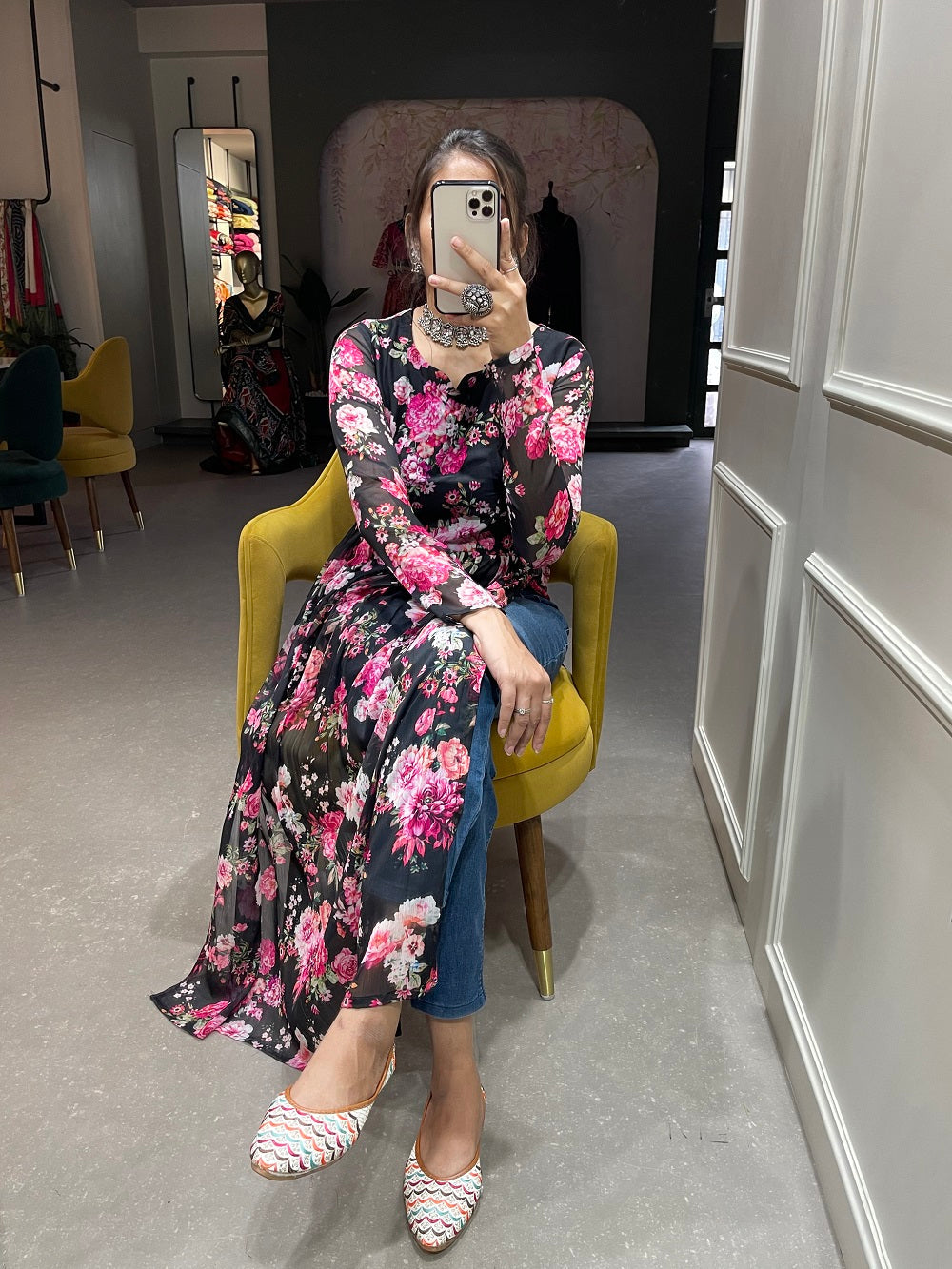 Black Color Floral Printed Chiffon Naira Cut Kurti Clothsvilla