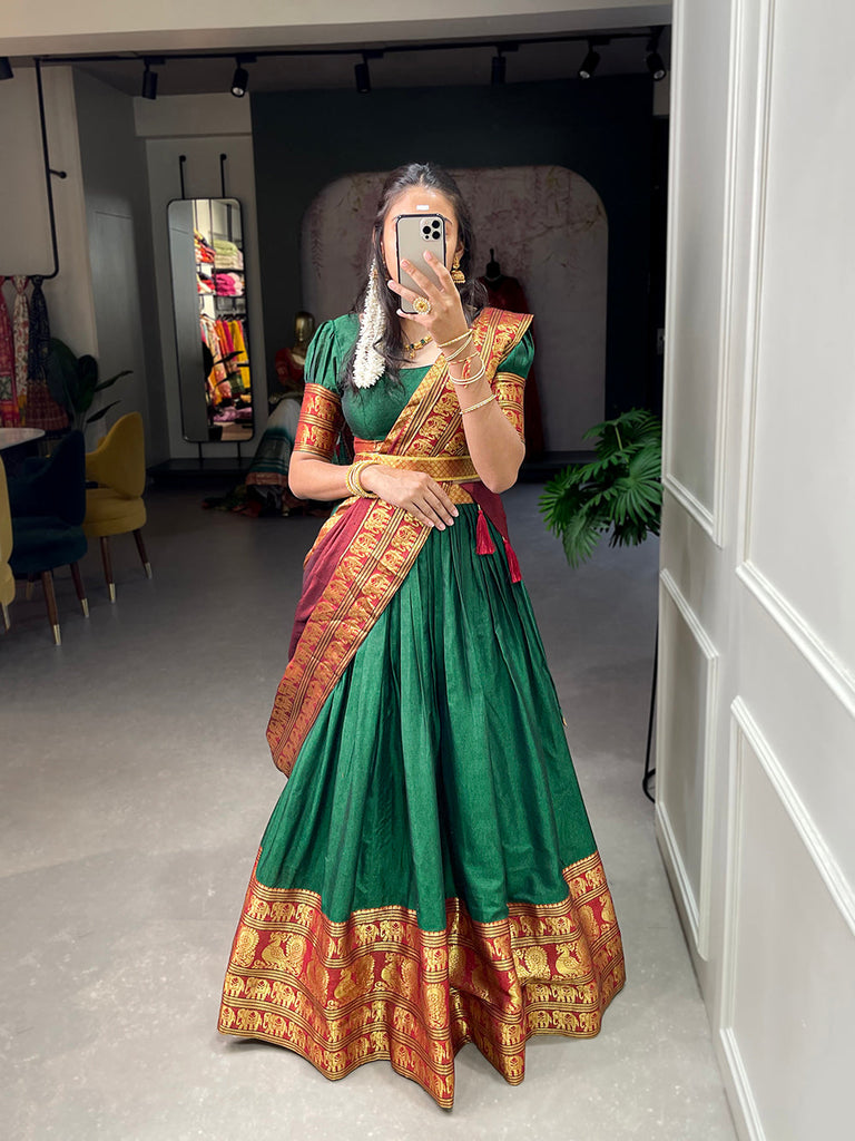 Green Color Zari Weaving Work Narayan Pet (Cotton) Half Saree Lehenga Choli ClothsVilla.com
