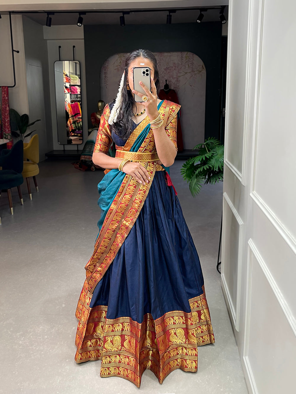 Navy Blue Color Zari Weaving Work Narayan Pet (Cotton) South Indian Lehenga Choli ClothsVilla.com Main image