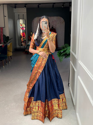 Navy Blue Color Zari Weaving Work Narayan Pet (Cotton) South Indian Lehenga Choli ClothsVilla.com