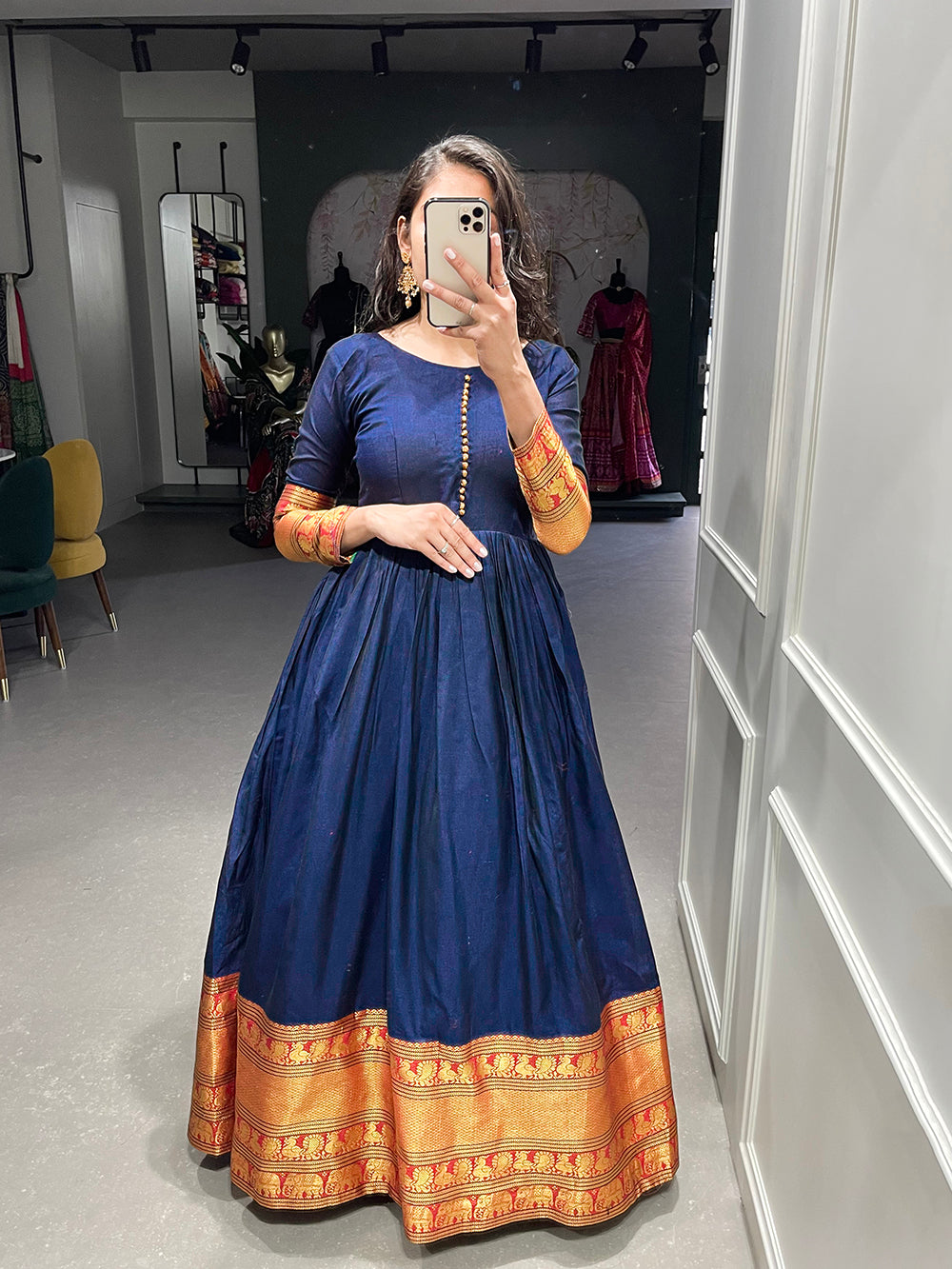 Navy Blue Coloured Butter Silk Frock with Handcrafted Tomato red Broca   Soyara Ethnics Studio