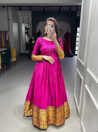 Pink Color Zari Weaving Work Narayan Pet Cotton Gown Clothsvilla