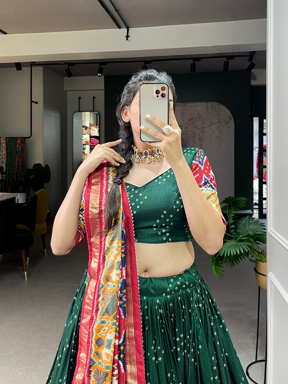 Green Color Patola Print With Foil Work Tussar Silk Lehenga Choli ClothsVilla