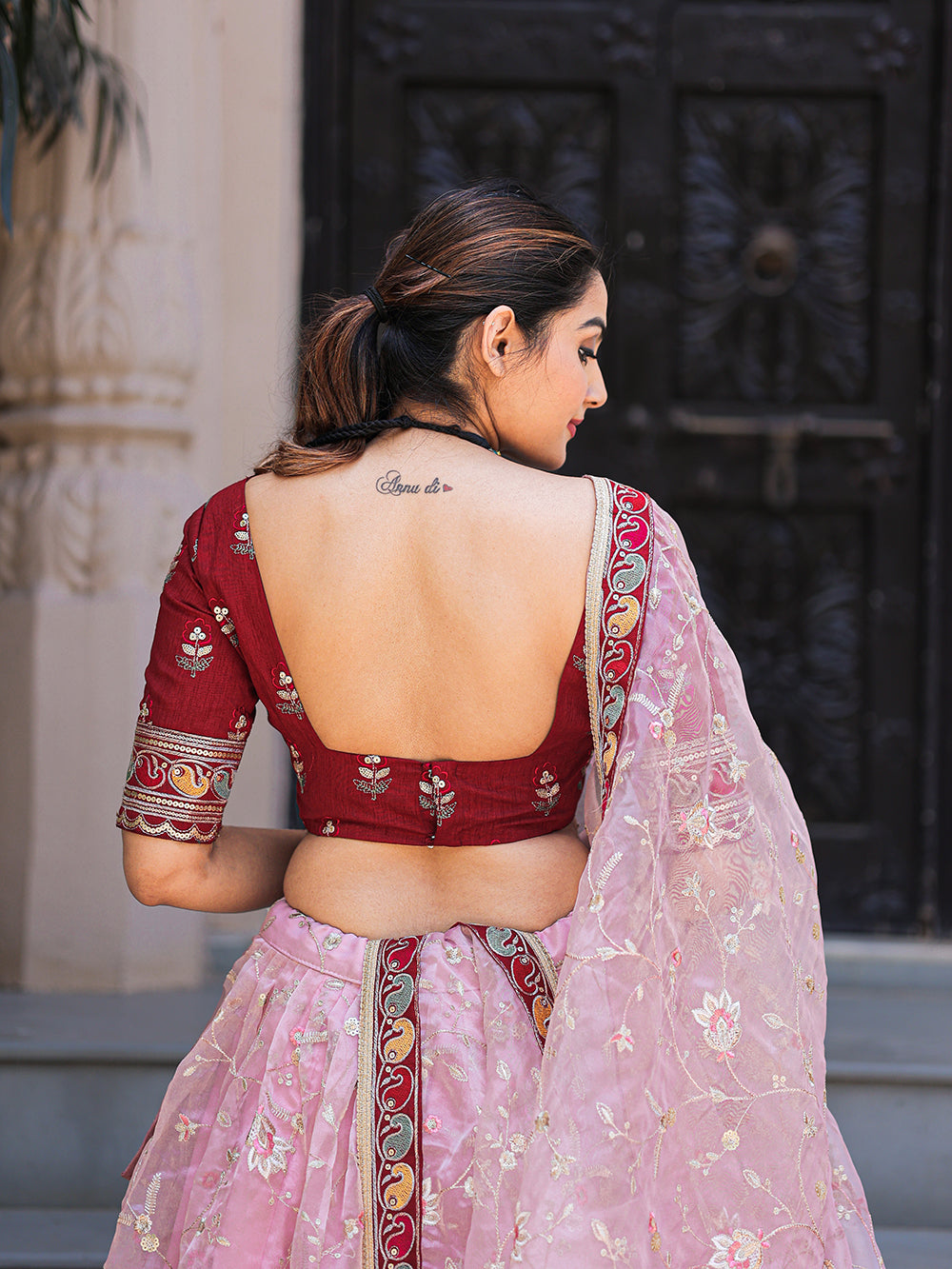 Light Pink Color Thread Embroidery Work With Lace Border Organza Lehenga Choli ClothsVilla.com
