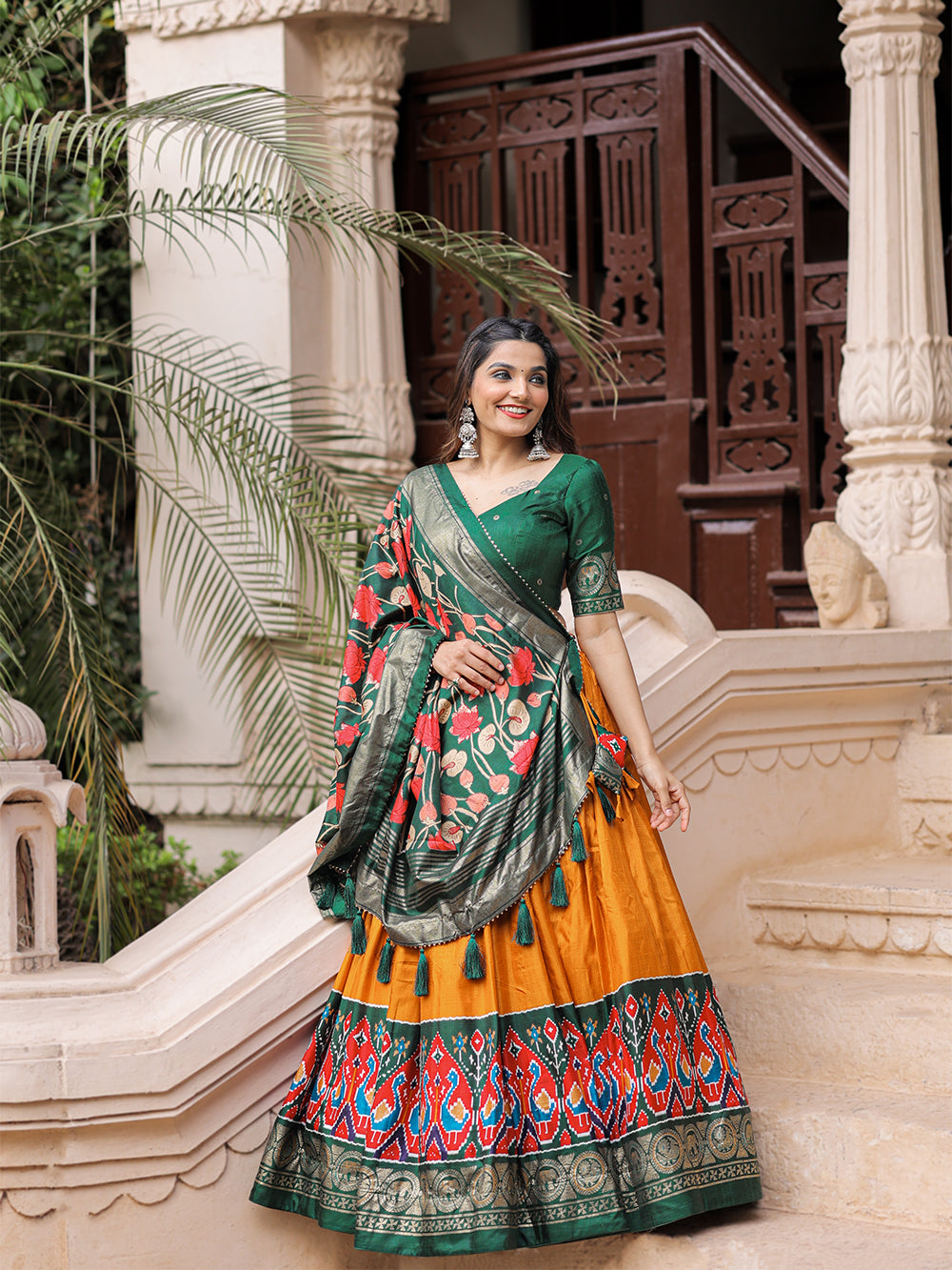 Mustard Color Printed With Foil Work Dola Silk Lehenga Choli ClothsVilla.com