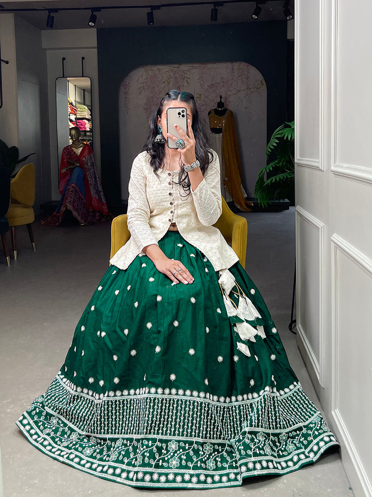 Green Color Sequins And Lucknowi Work Cotton Co-Ord Set Lehenga Choli ClothsVilla.com