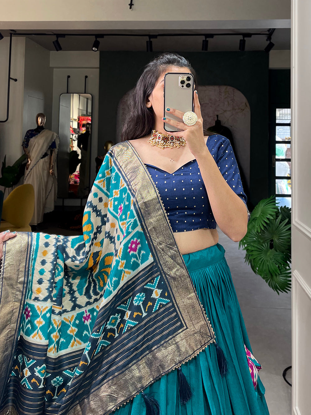 Firozi Color Patola Print With Foil Work Tussar Silk Lehenga Choli ClothsVilla