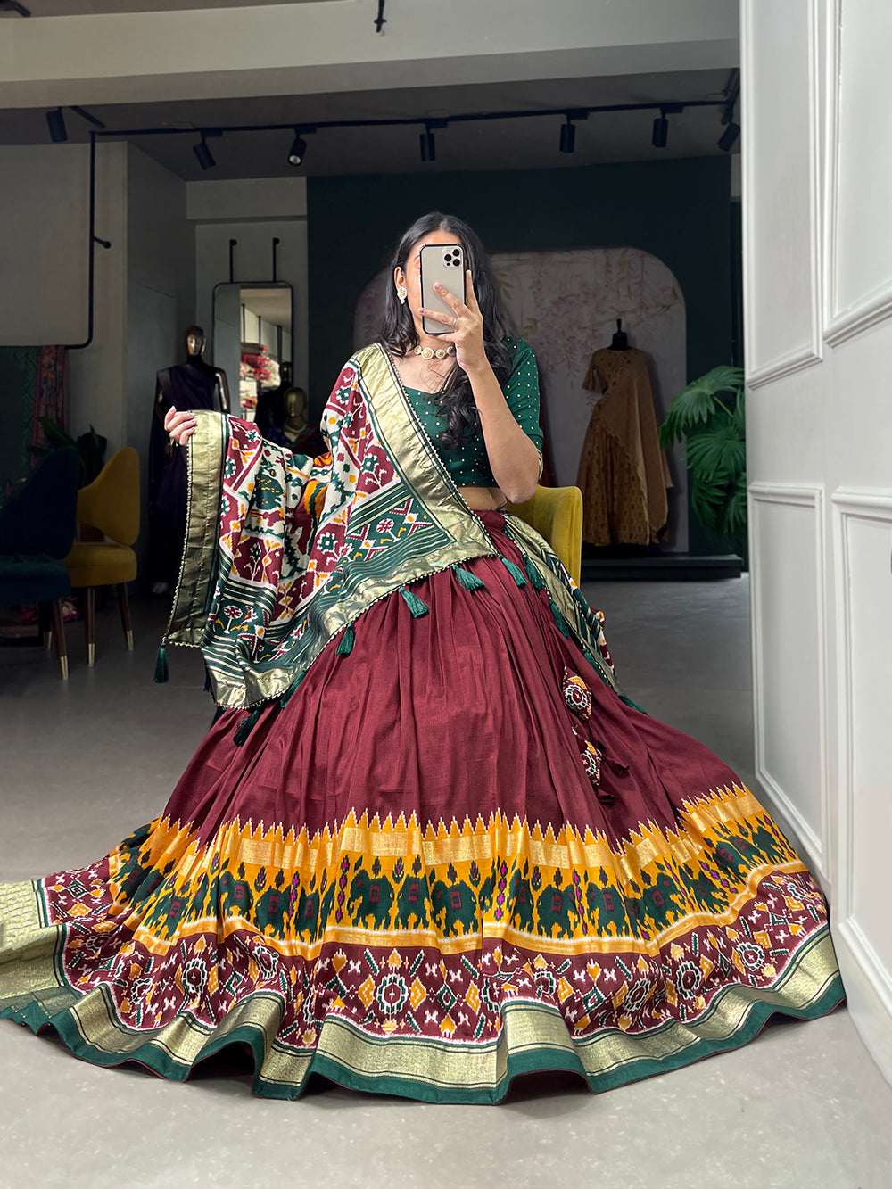 Maroon Color Gujrati Patola Print With Foil Work Tussar Silk Lehenga Choli ClothsVilla