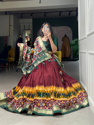 Maroon Color Gujrati Patola Print With Foil Work Tussar Silk Lehenga Choli ClothsVilla