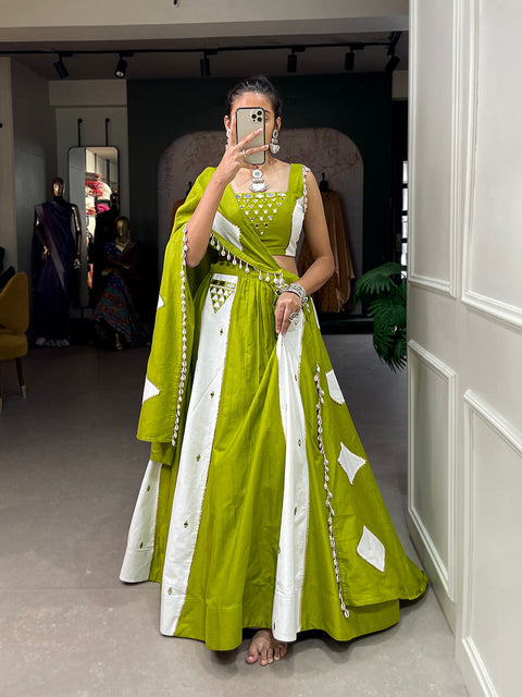 Parrot Color Mirror Work With Gota Patti Cotton Chaniya Choli ClothsVilla Main image